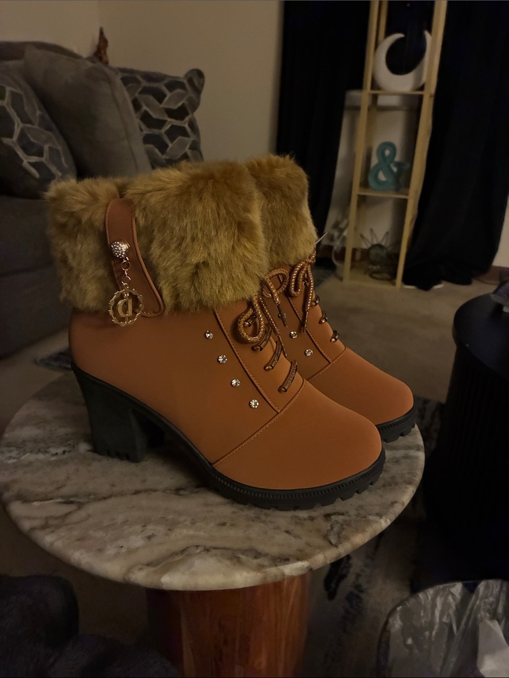 Faux Fur Cuff Tan Heeled Ankle Boots with Rhinestone Accents